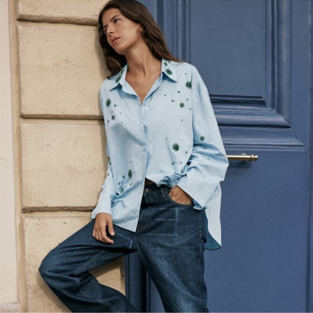 Zara Light Blue Floral Button Down Shirt